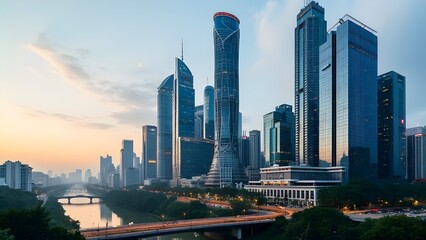 Fototapeta premium Modern Chinese city with skyscrapers infrastructure metropolitan financial district sunset