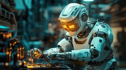 Fototapeta premium Futuristic Robot in Hazardous Environment Wearing Protective Gear