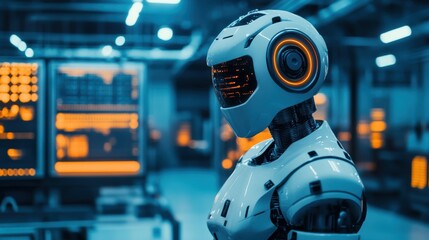 Futuristic Robot in Hazardous Environment Wearing Protective Gear