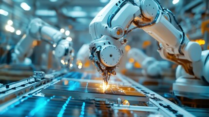 Fototapeta premium Futuristic Robots in Sustainable Energy Equipment Manufacturing