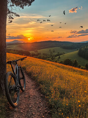 Naklejka premium Mountain bike resting beside a sunset trail in a grassy field. A mountain bike stands by a sunset trail with blooming flowers and birds flying in the sky.