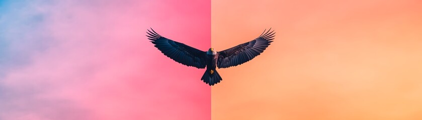 Obraz premium A majestic eagle soars through a vibrant, pastel sky, its wings outstretched in a symbol of freedom and power.
