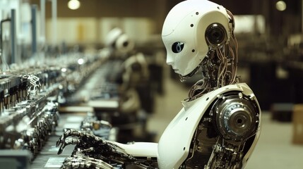 Fototapeta premium Futuristic Robot Mechanic on High-Tech Factory Assembly Line