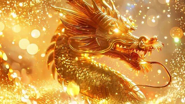 Animation of a traditional Chinese dragon Chinese style for New Year greetings, Chinese New Year celebration. Golden serpent dragon with fire