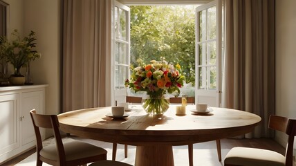 A round wooden dining table set for a meal with a vase of fresh flowers in the center, bathed in warm sunlight 