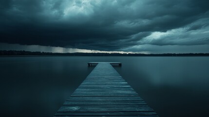 Obraz premium A solitary wooden dock extends into a calm lake under a brooding, dark sky, hinting at a sense of mystery, peace, and the passing of time.