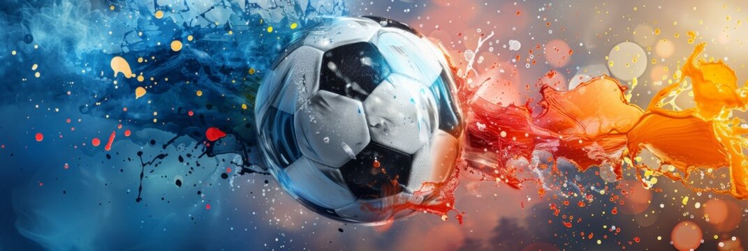 A soccer ball explodes with vibrant blue and orange paint, symbolizing passion, energy, competition, and the thrill of the game.