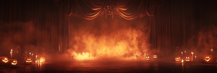Naklejka premium A spooky Halloween stage with burning fire, fog and jack-o'-lanterns as the centerpiece symbolizing festivity, mystery, darkness, celebration and autumn.