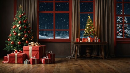 Cristmas backdrop with xmas tree, gifts and red windows