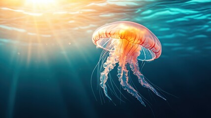 A jellyfish is swimming in the ocean