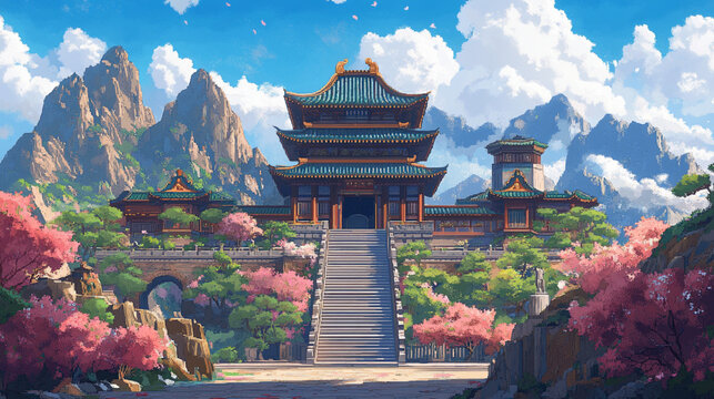 2d pixel art of China palace, aisan palace, game art, 16-bit, 32-bit