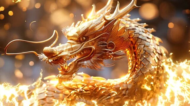 Animation of a traditional Chinese dragon Chinese style for New Year greetings, Chinese New Year celebration. Golden serpent dragon with fire