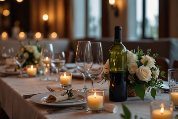 Elegant and select wedding decoration restaurant table Wine Glass and appetizers, on the bar table Soft light and romantic atmosphere dinner service menue guests candle