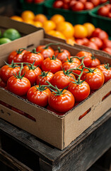 Fresh red tomatoes in cardboard boxes at a market stall. Bright red tomatoes are neatly packed in cardboard boxes at a bustling market.