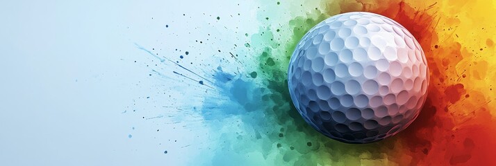 A white golf ball sits in a burst of vibrant colors, representing energy, excitement, and the dynamic nature of the sport.
