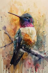A colorful hummingbird with a long beak perches on a branch in a watercolor painting