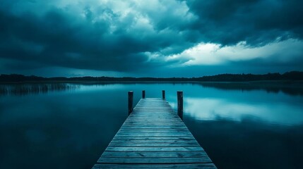 Fototapeta premium A wooden dock extends into a still lake, the water reflecting the dramatic storm clouds overhead. The scene evokes a sense of peace and tranquility, with nature's power on display.