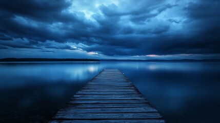 Fototapeta premium A wooden dock stretches out into a tranquil lake, the water reflecting the ominous, yet beautiful, storm clouds overhead. The scene symbolizes peace, introspection, and the anticipation of change.