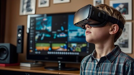 handsome boy, student using virtual reality glasses at home in his bedroom
