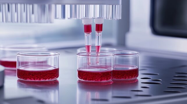 Automated pipettes dispensing red liquid into small beakers, representing precision, automation, and scientific research in a laboratory setting.