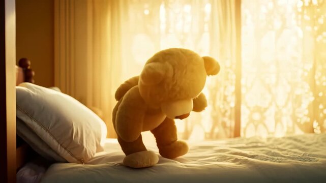 A brown teddy bear rests on a cozy bed, framed by sunlight streaming in through the window, creating a warm and inviting atmosphere in the room.