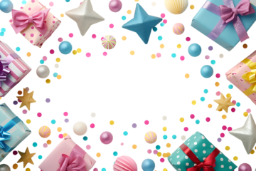 Creative party template. Pastel colourful Presents gift, streamer, star confetti glitter ornament decor on transparent background cutout PNG file. Mockup template for artwork. flat lay top view