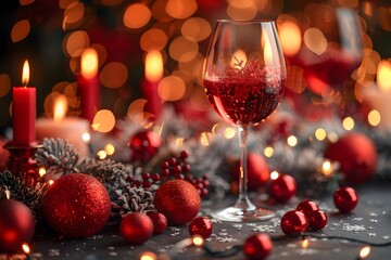 Festive Holiday Christmas Table Setting with Red Decorations, Wine Glass, and Candles