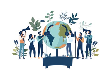 Obraz premium Radio podcasts, broadcast illustration. Cartoon tiny people listen digital music with headphones, record sound with mic.