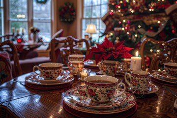 Fototapeta premium Elegant Christmas Breakfast Table with Poinsettias, Candles, and Festive Decorations
