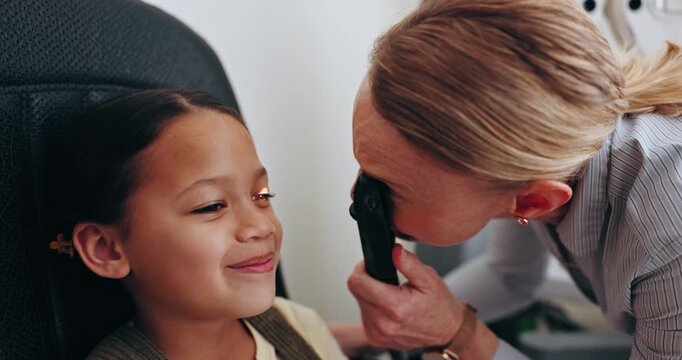 Optometry, doctor and kid for eye test in office for correction, lens or spectacles for vision, health or sight. Little girl, patient and sitting for exam of optic, nerve or glaucoma in childhood