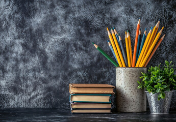 Colorful pencils standing in a cup, potted plant and stack of books on a blackboard background with copy space