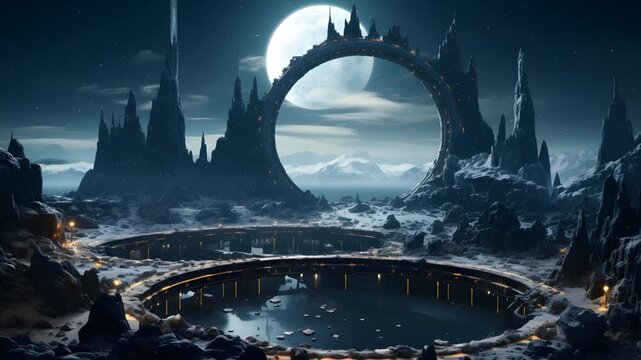 A futuristic city nestled amongst towering, snow-capped mountains, illuminated by a giant glowing moon and a ring-shaped structure in the sky. 