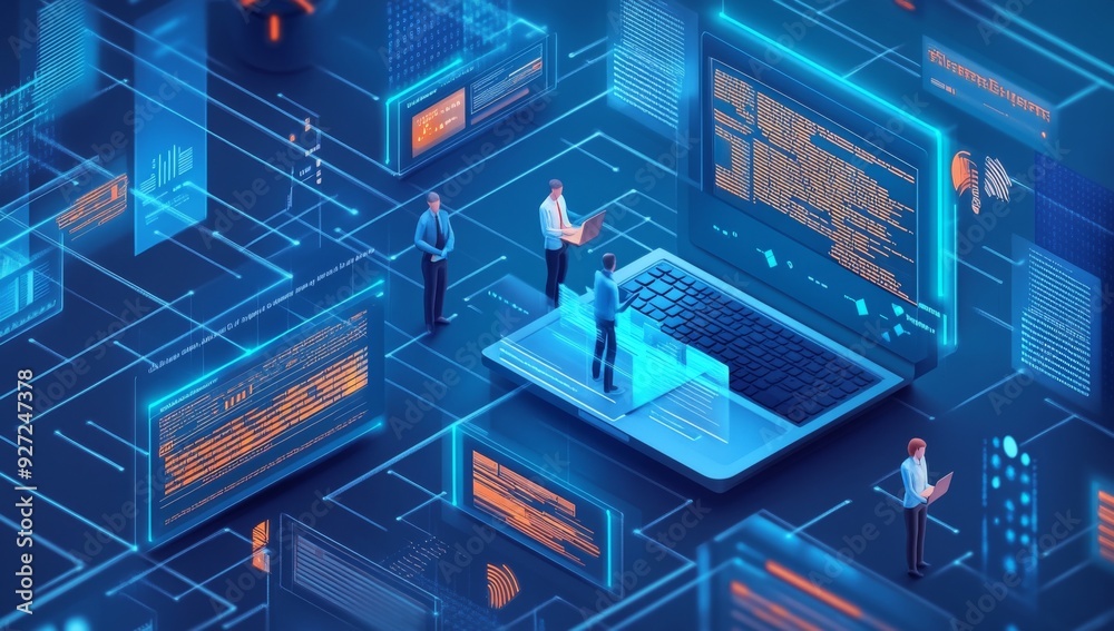 Wall mural isometric view of digital marketing and web development with figures working on laptops and holograp