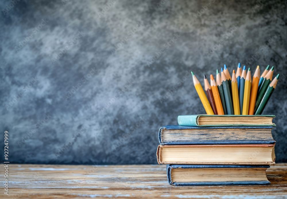 Poster Stack of books and color pencils on wooden table with copy space and a blackboard background
