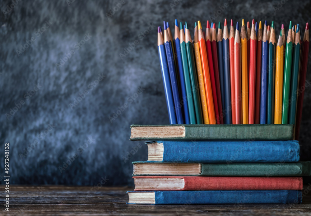 Aufkleber stack of colorful books with color pencils standing on a wooden surface on blackboard background