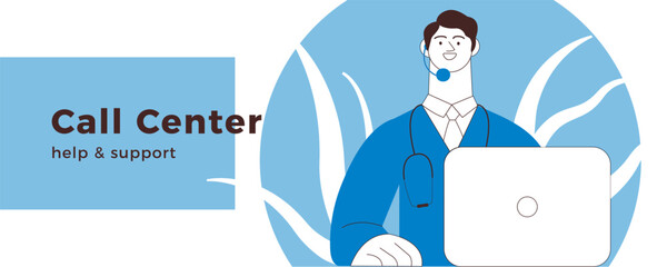 Medical Specialist Wearing Headset with Laptop on Abstract Background. Call Center Concept. Modern Flat Vector Illustration. Website Banner Template.
