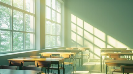 A classroom with a desk and chairs and a window that says no one