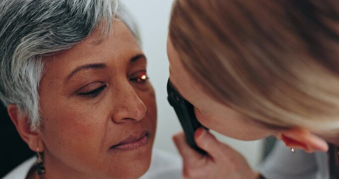 Eye exam, mature woman or patient with optometrist for vision test, ocular healthcare or retina assessment. Ophthalmoscopy, optometry tools or face of client with ophthalmoscope to check for glaucoma
