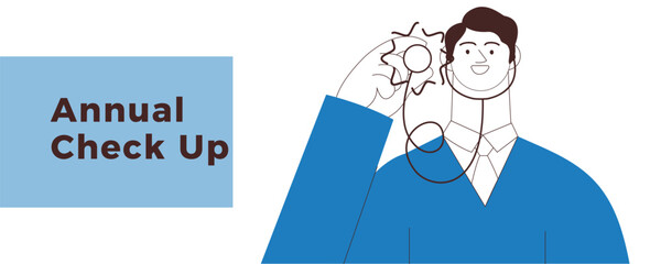 Medical Specialist Holding Stethoscope. Black and White Modern Flat Vector Illustration. Medical Insurance Website Banner. Social Media Template.