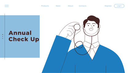 Medical Specialist Holding Stethoscope. Black and White Modern Flat Vector Illustration. Medical Insurance Website Banner. Social Media Template.
