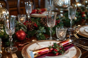 Fototapeta premium Elegant Holiday Table Setting with Christmas Crackers and Festive Centerpiece for Seasonal Celebrations