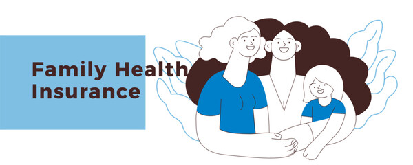 Happy Diverse Couple of Same Female Gender and Female Child Embracing Each Other on Abstract Background. Family Health and Wellness. Black and White Modern Flat Vector Illustration. Website Banner.