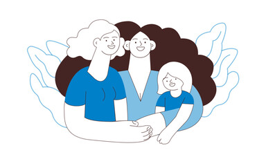 Happy Diverse Couple of Same Female Gender and Female Child Embracing Each Other on Abstract Background. Family Health and Wellness. Black and White Modern Flat Vector Illustration. Website Banner.