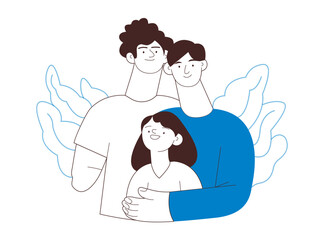 Happy Diverse Couple of Same Male Gender and Female Child Embracing Each Other on Abstract Background. Male with One Disable Arm. Family Health and Wellness. Modern Flat Vector Illustration. 