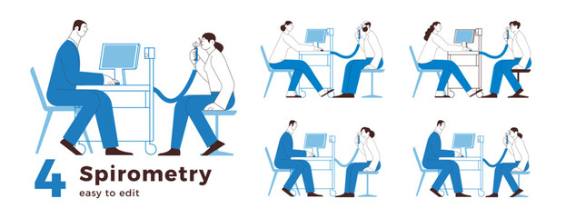 Spirometry black and white vector illustrations collection. Medical Specialists and Patients Performing Whole Body Plethysmography and Spirometry in Medical Office or Laboratory.
