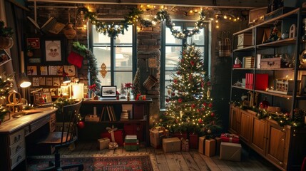 Fototapeta premium Festive Home Office Decor with Christmas Tree and Cozy Atmosphere for Holiday Celebrations