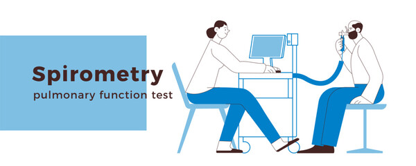 Spirometry. Pulmonary function test. Medical Specialist with Male Patient Performs Spirometry in Laboratory or Office. Black and White Modern Flat Vector Illustration.  Website Banner Template.