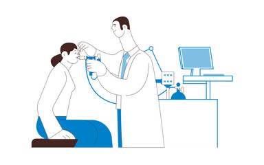 Medical Specialist Performing Spirometry on Patient in Medical Office or Laboratory. Black and White Modern Flat Vector Illustration. Respiratory Diseases. 