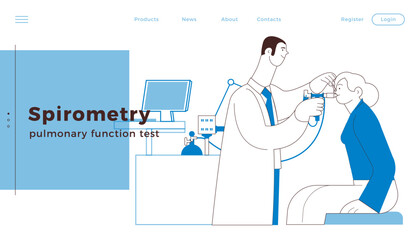 Medical Specialist Performing Spirometry on Patient in Medical Office or Laboratory. Black and White Modern Flat Vector Illustration. Respiratory Diseases. Website Banner, Landing Page Design Template