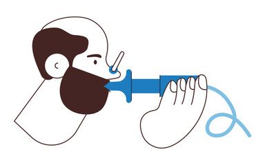 Male Performs Pulmonary Function Test. Black and White Modern Flat Vector Illustration. Lung Function Test on Patient. Website Banner, Landing Page Design Template.